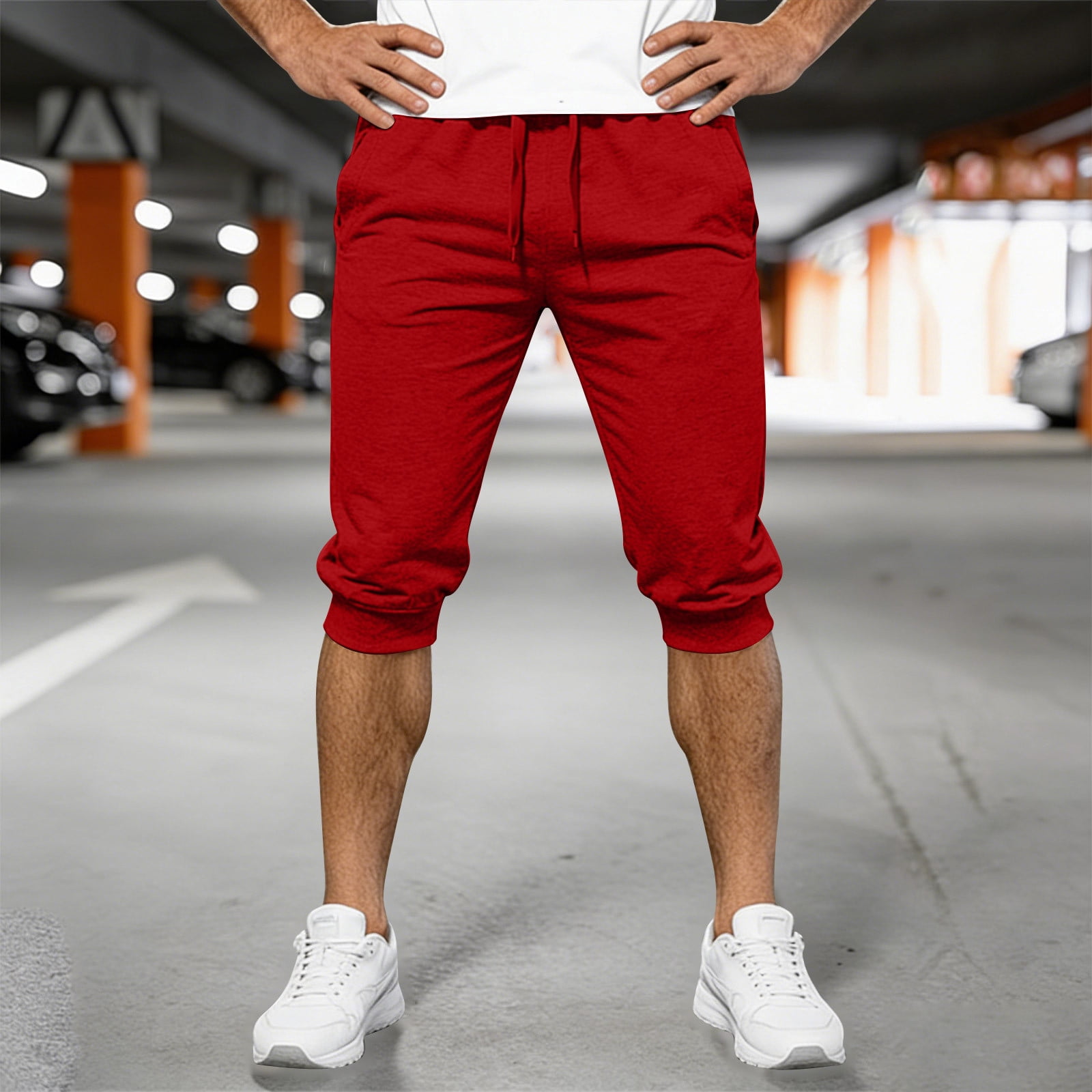Hesxuno Men Capri Jogger Pants Elastic Waist Athletic Trouser
