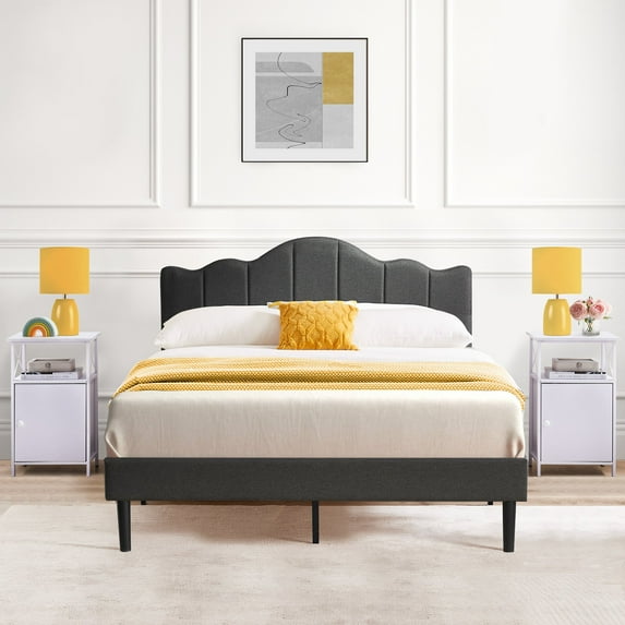 VECELO 3-Piece Bedroom Set Queen Size Metal Bed Frame and 2 White Nightstand