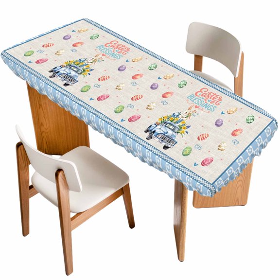 Watercolor Easter Table Cloths for 8 Foot Rectangle Tables, Spring Rabbits Truck Eggs Flowers Blue Beige Patio Waterproof Elastic Fitted Tablecloths, Washable Rectangular Table Cover for Camping