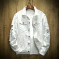 thumbnail image 4 of Jean Jacket Ripped Hole Solid Color Turndown Collar Streetwear Autumn Winter Loose Single Breasted Denim Jacket for Trip, 4 of 5