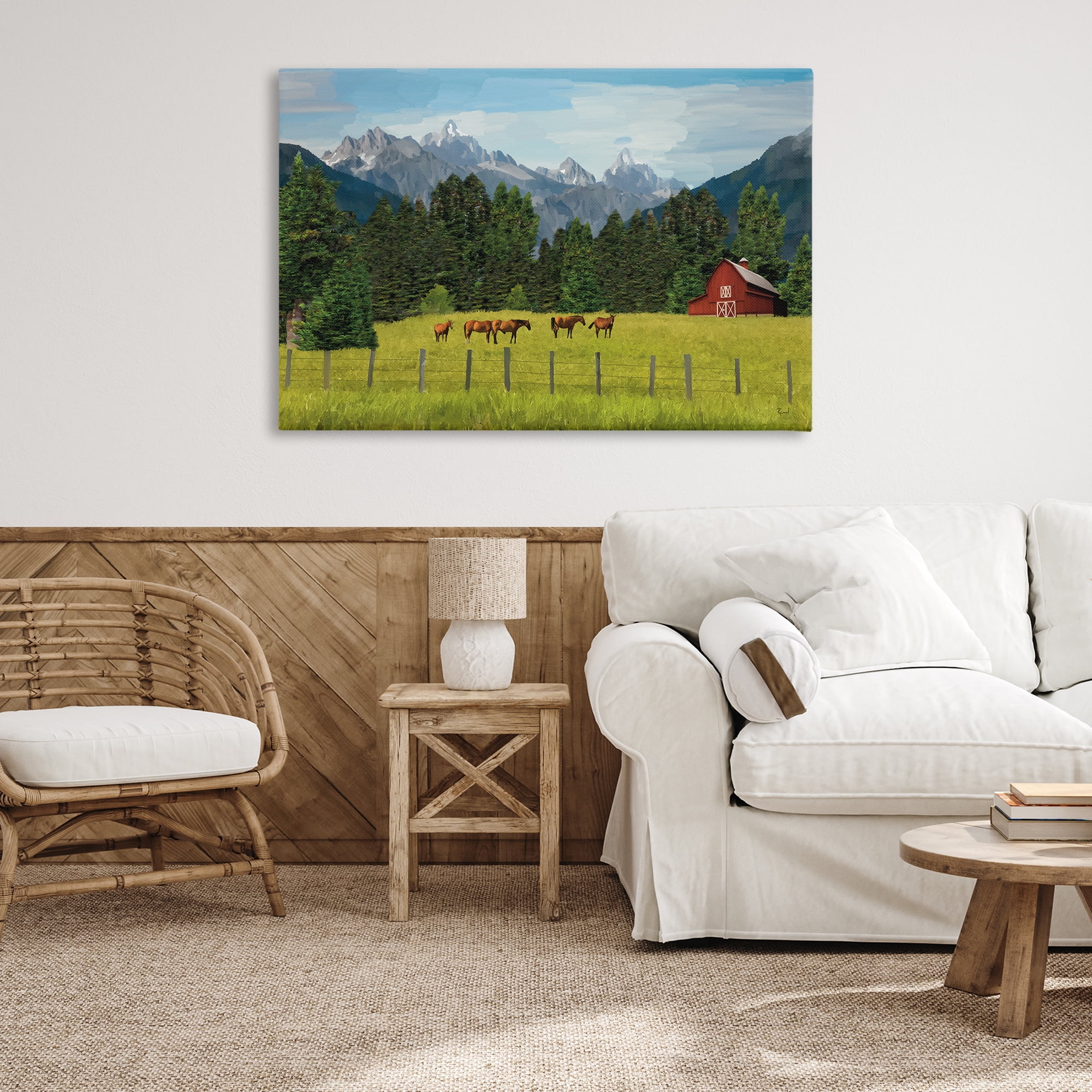 Stupell Industries Lush Green Pasture Grazing Landscape & Nature Painting Wrapped Canvas Art Print Wall Art, 45 x 30