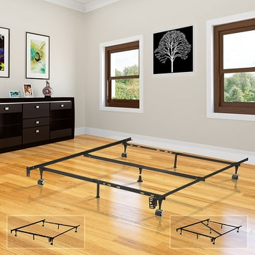 Heavy Duty Metal 7-Leg Adjustable Queen, Full, Full XL, Twin, Twin XL, Bed Frame with Center Support, Rug Rollers & Locking Wheels