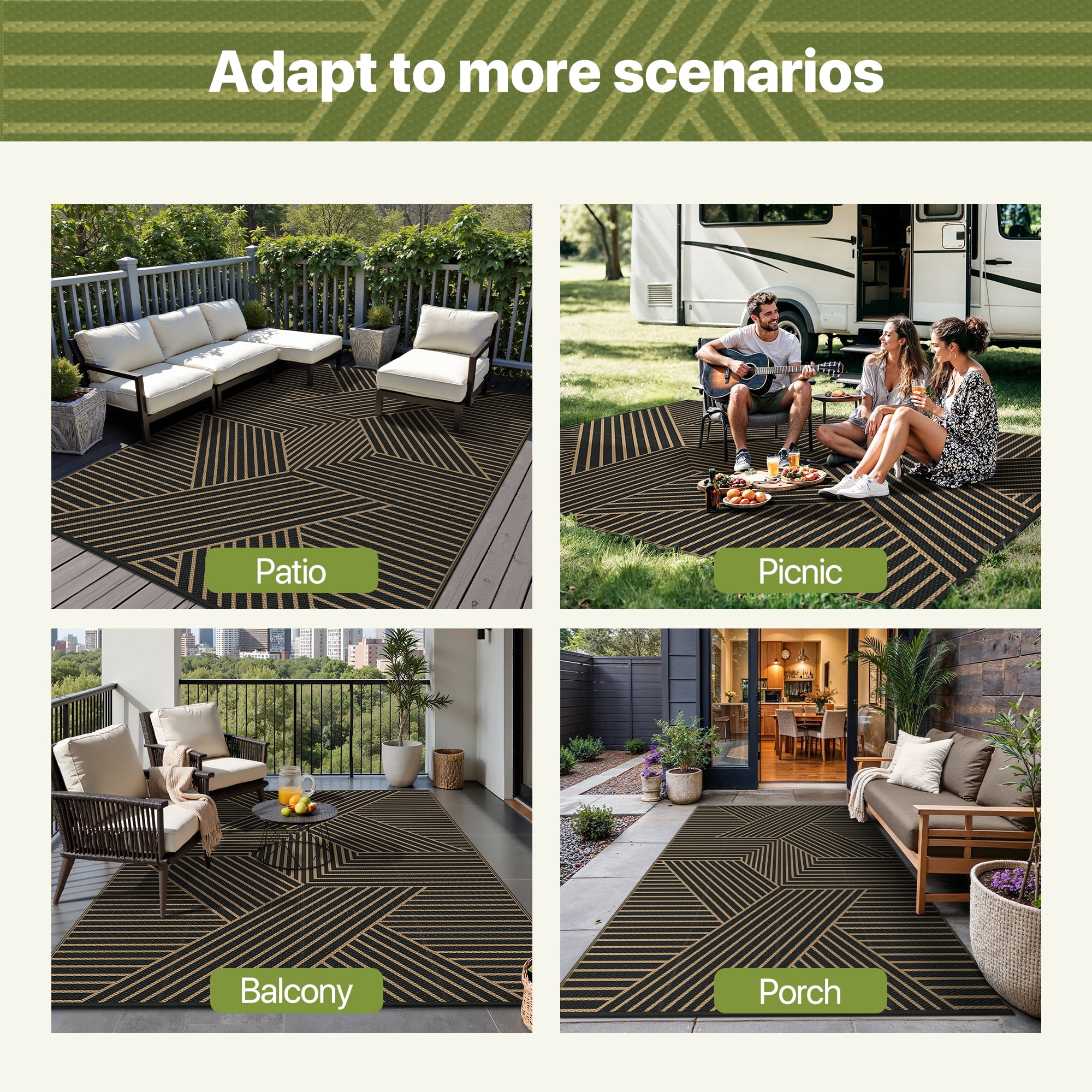 KUETH 6'x 9'Outdoor Plastic Rug Foldable Waterproof UV Resistant Outdoor Patio Geometric RV Deck Rug