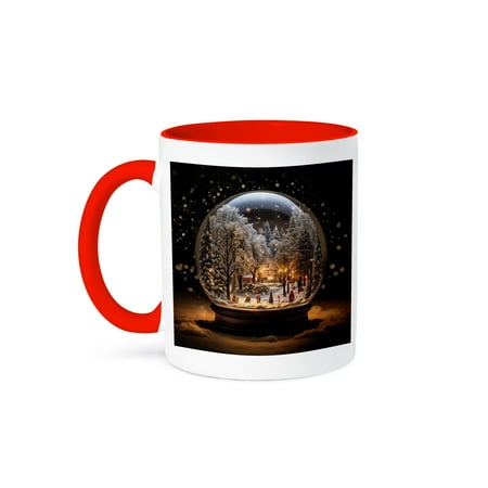 

3dRose Photo of a snow globe with a winter scene of a snowy village at night. 15oz Two-Tone Red Mug