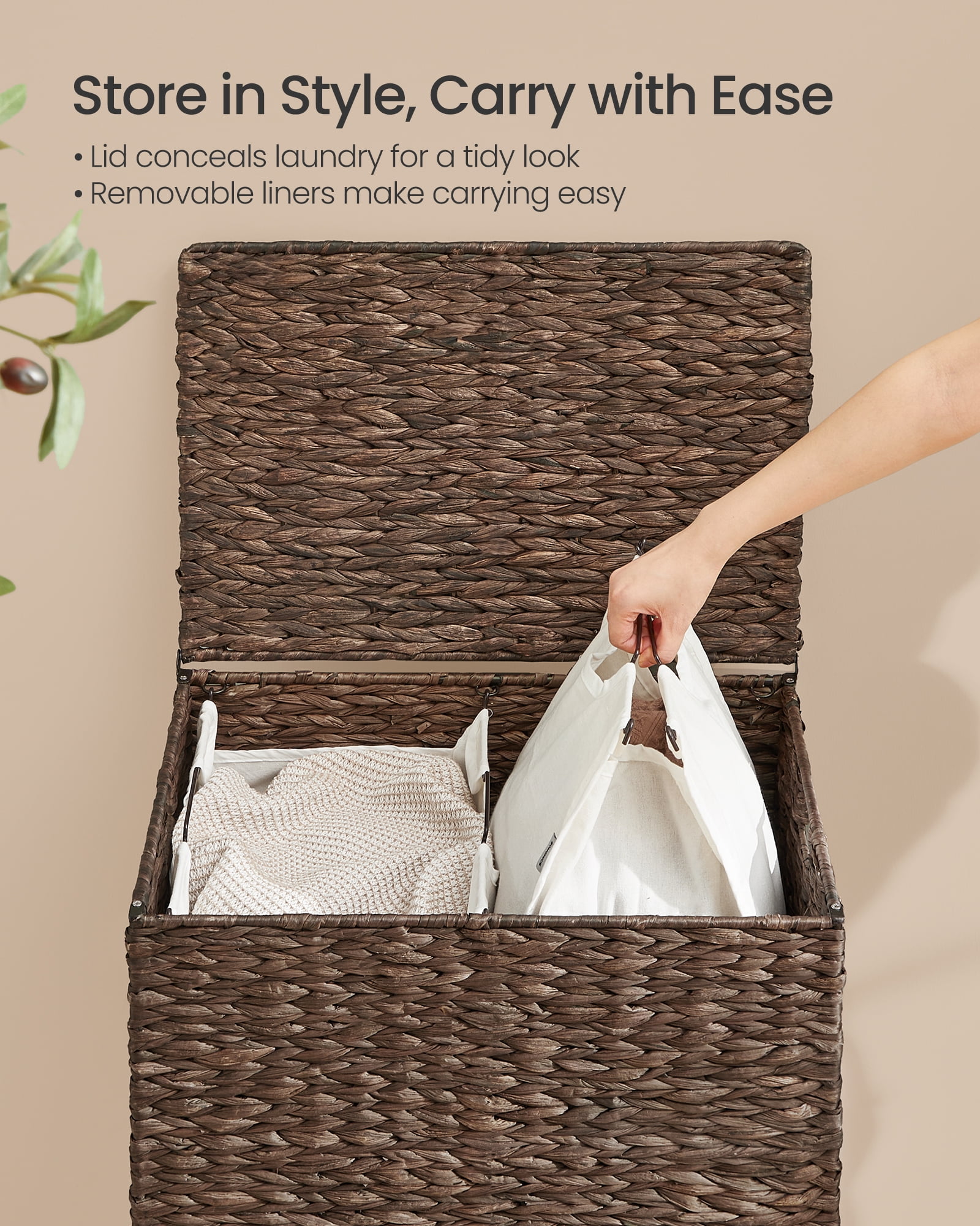 34.3 Gal. Laundry Hamper, 2-Section Handwoven Water Hyacinth Wicker Laundry Basket with Lid, Removable Liners, Espresso