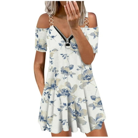 

Juebong Off The Shoulder Dress for Women Sexy Zip Up V Neck Short Sleeve Mini Dresses Loose Ruched Flowy Beach Sundress