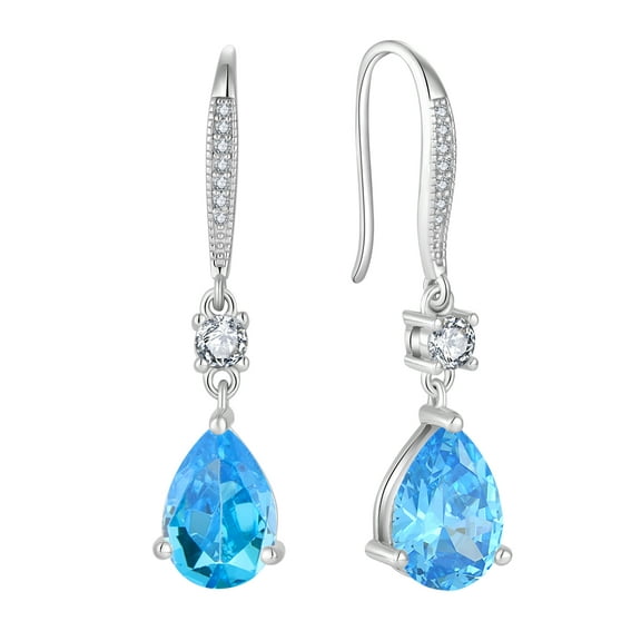 PYNZY 925 Sterling Silver Teardrop Dangle Earrings with 7x10MM Created Aquamarine Birthstones, Wedding Cubic Zirconia Hook Earrings for Women Christmas Jewelry Gifts
