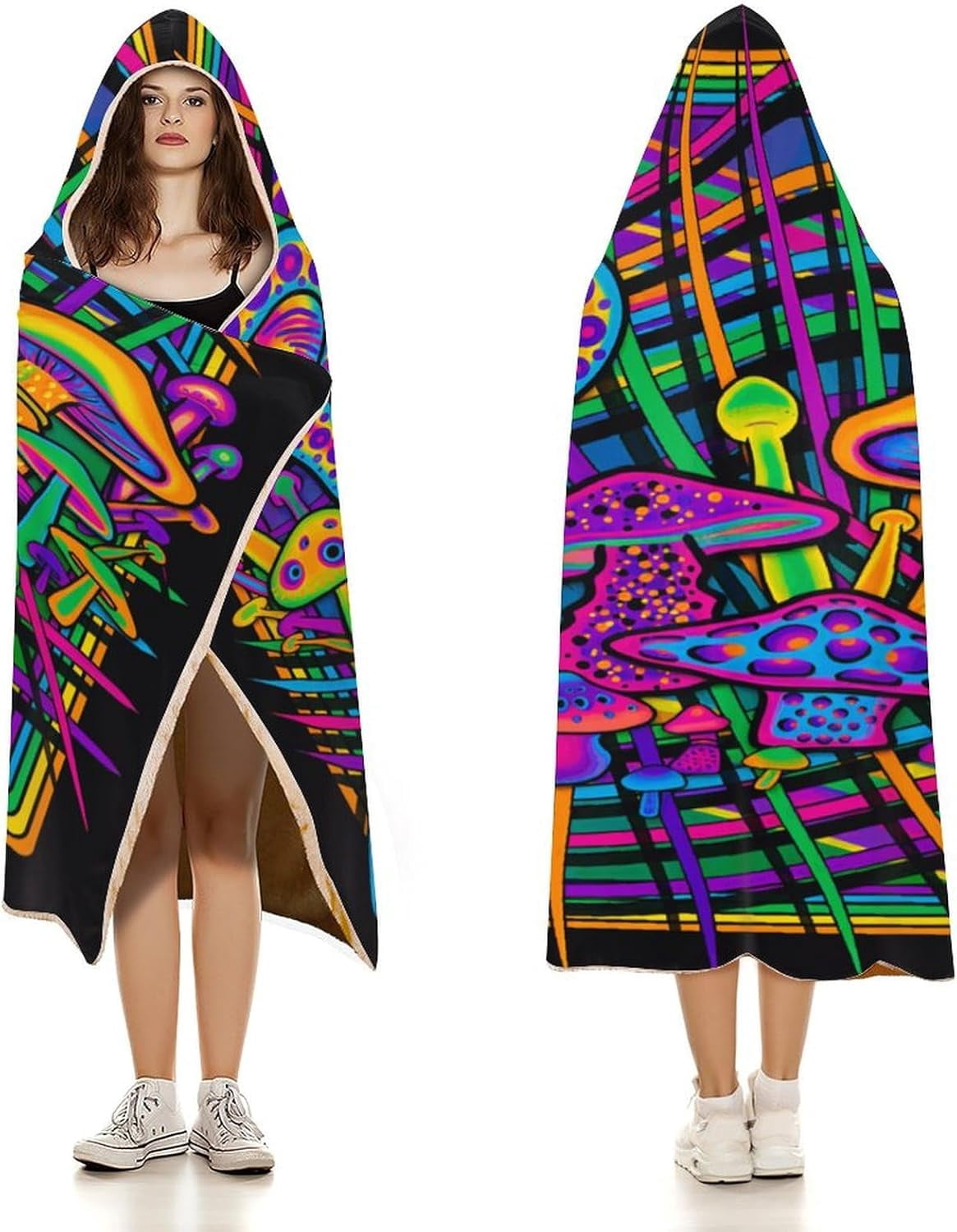 Mushroom Wearable Hooded Blanket for Adult, Mushroom Gifts for Women Men Hippie Poncho Wearable Blanket Hoodies
