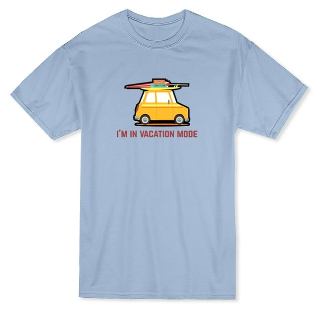 T-shirt Bleu Pâle pour Homme avec Citation « I'm In Vacation Mode » et Graphique de Voiture de Vacances