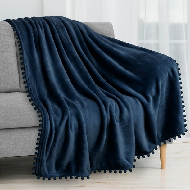 PAVILIA Pom Pom Blanket Throw Twin, Navy Blue Soft Fleece Pompom