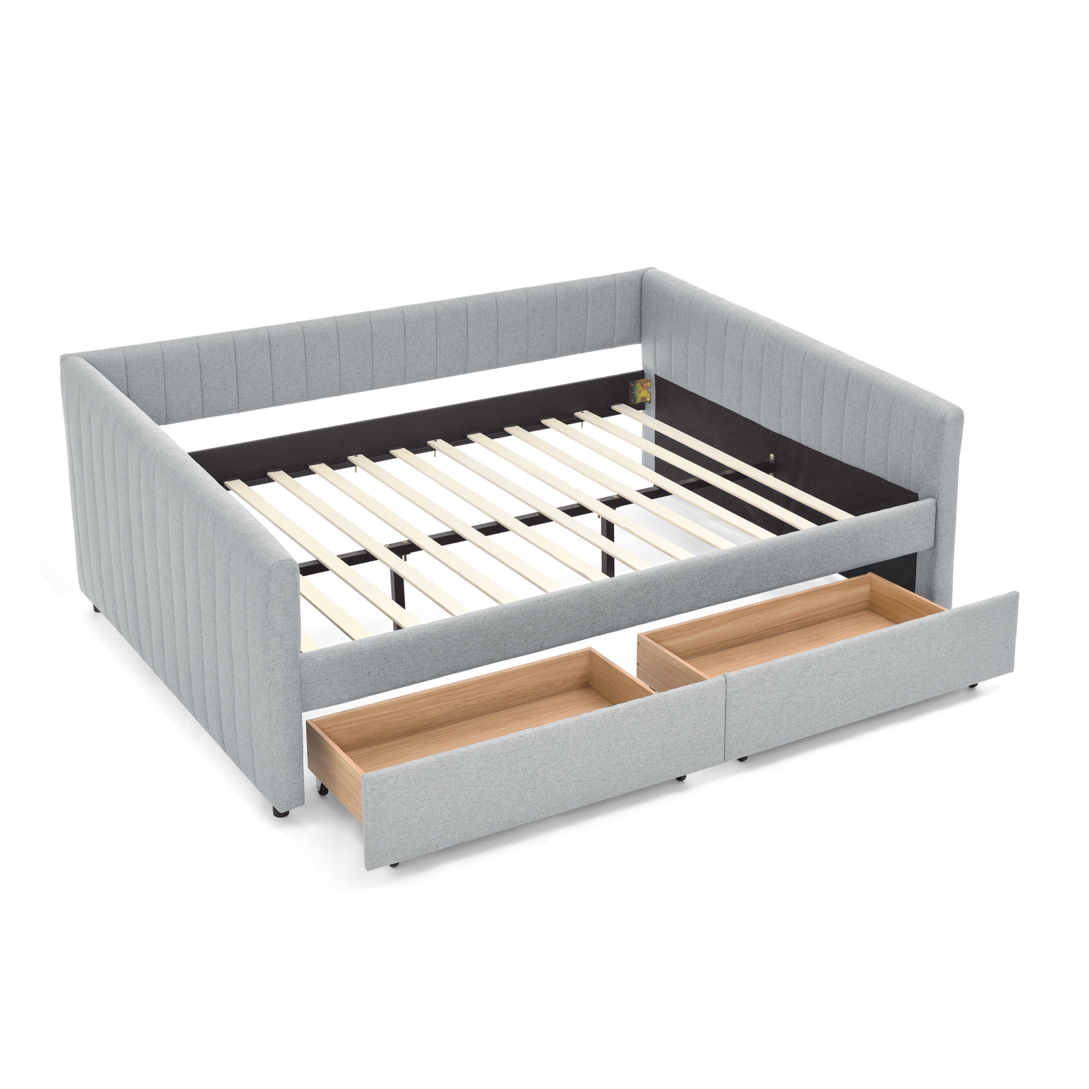 Noble House Denita Queen Size Daybed, Vertical Striped Linen Upholstered Sofa Bed with Storage Drawers, Grey
