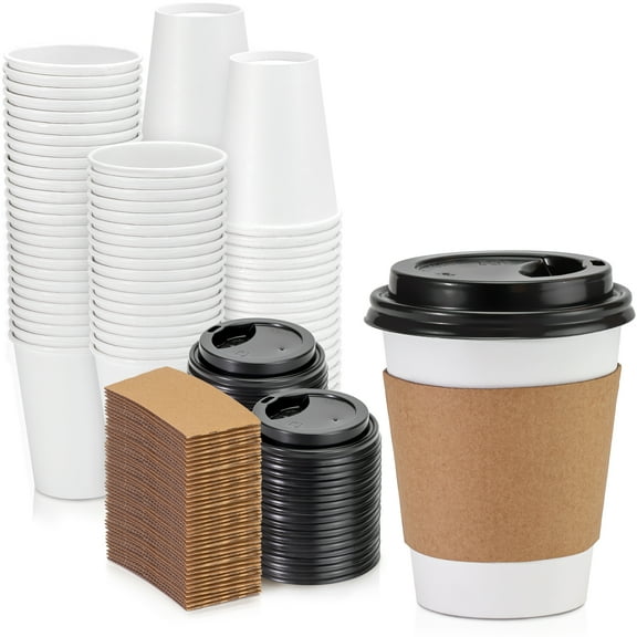 Fit Meal Prep 100 Pack 8 oz Disposable Coffee Cups with Lids, Sleeves and Stirrers, Premium To Go Coffee Cups with Lids, Durable Thickened Hot White Paper Cup for Cold/Hot Beverage Chocolate Cocoa