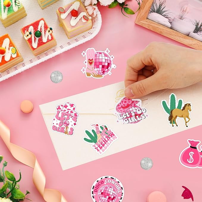 Serencatcher 100pcs Disco Cowgirl Stickers Decals, Lets Go Girls Party Favors Stickers for Water Bottle Skateboard Laptop, Yeehaw Stickers for Western Space Cowgirl Birthday Bachelorette Party Favors