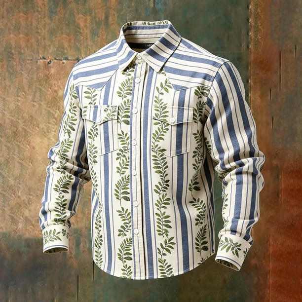 Ceisia Men's Loose Fit Vintage Leaf Vine Stripe Print Long Sleeve Cotton Shirt Beige S Gifts