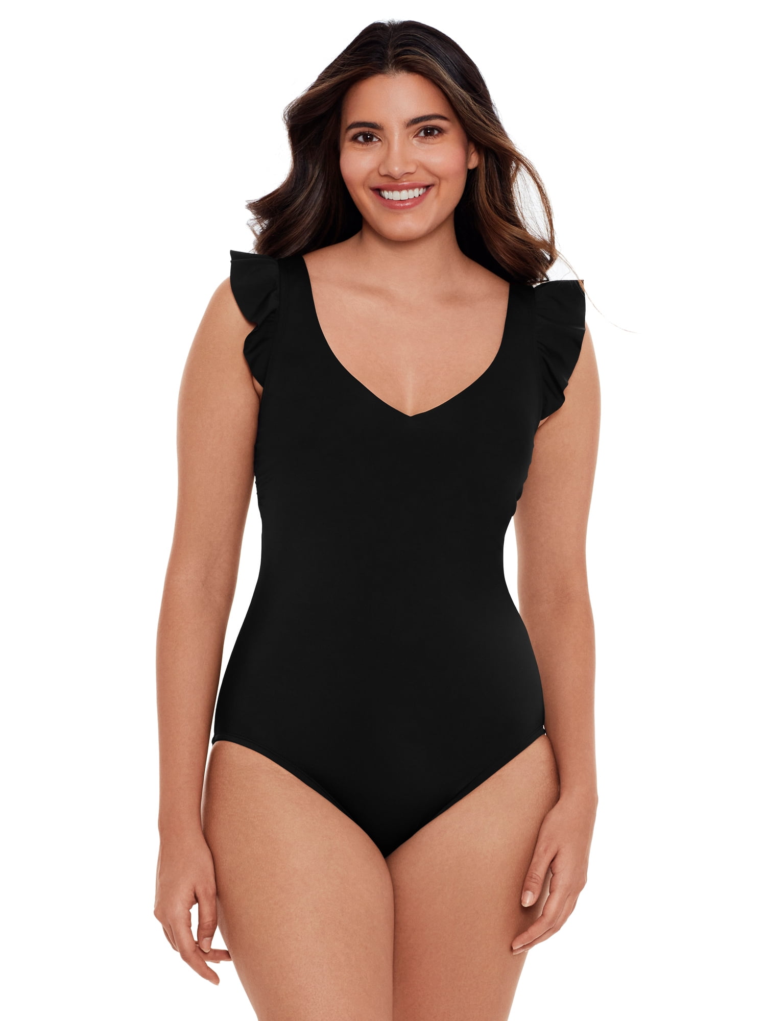 Time and Tru Women's and Women’s Plus Size Solid Black Ruffle Strap One Piece Swimsuit
