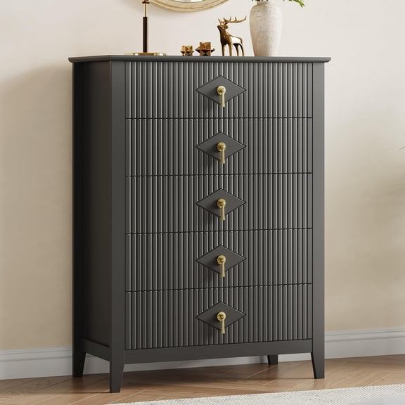 Fluted 42.9" Tall 5-Drawer Dresser – Modern Black Wood Chest of Drawers, Bedroom Storage Organizer for Living Room, Hallway, Entryway