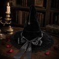 thumbnail image 4 of Womens Gothic Witch Hat Velvet with Lace Trim, Wide Brim Pointed Cone Costume Hat, Wizard Headwear for Halloween Party Dress Up Black, 4 of 5