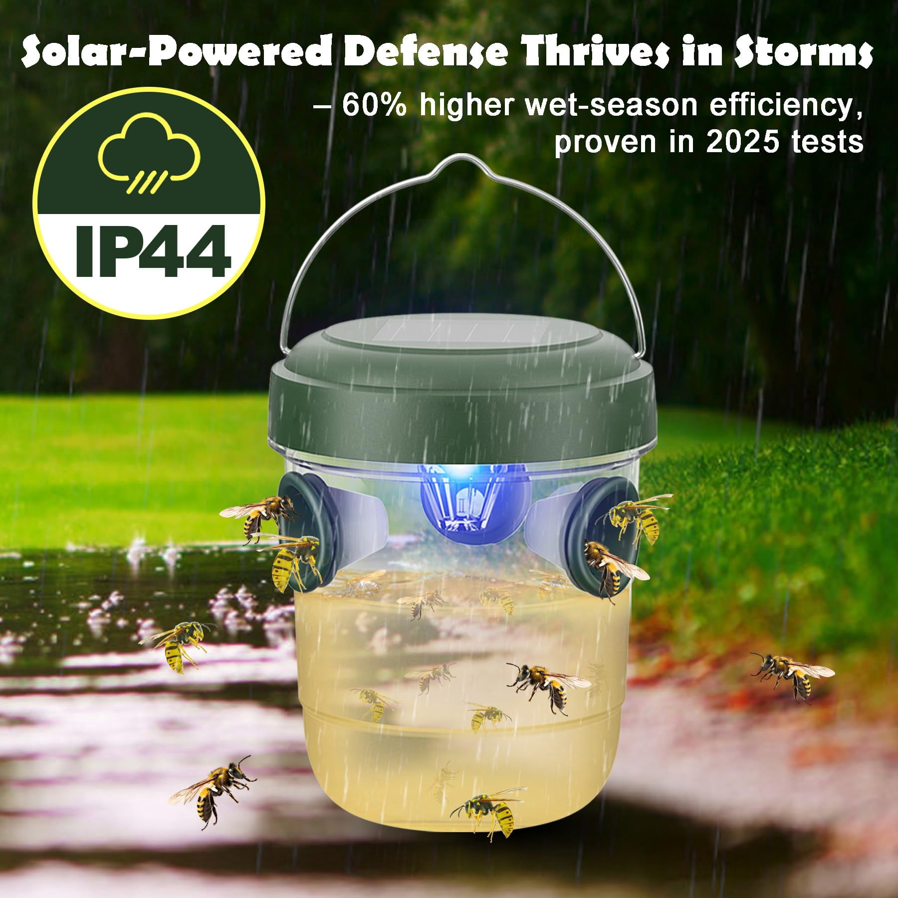 Meottam Solar Powered Wasp Traps Outdoor Hanging, New Upgrade Wasp Trap Bee Insect Killer with LED Light, Hornet Trap for Outside Garden, Patio, Backyard, Camping, 2 Packs