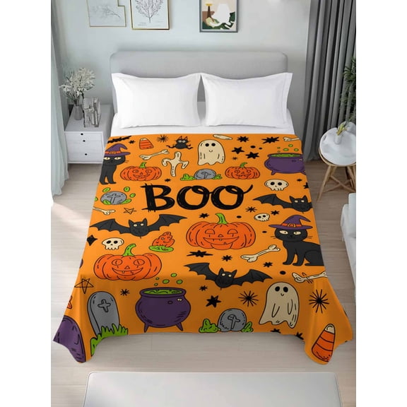 Twin Flat Sheet Only Halloween Black Cat Bat Pumpkin Ghost Soft Microfiber Cooling Bedding Sheets Orange Cartoon Style Flat Bed Sheet for Hotel,Home Decor