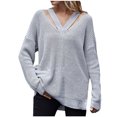 thumbnail image 2 of Abcnature Women Solid Color Loose Knit Sweater Temperament Stitching V-neck Tops Plus Size Tops for Ladies Autumn Winter Casual Loose Tunic Blouse Gray M, 2 of 6