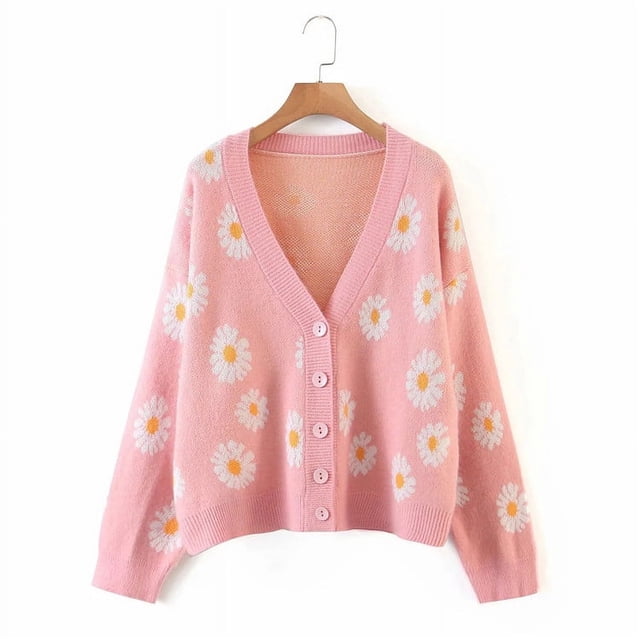 Suéter tipo cárdigan de jacquard con margaritas frescas y dulces de estilo coreano para mujer, abrigo de punto con cuello en V de lana a la moda para otoño e invierno