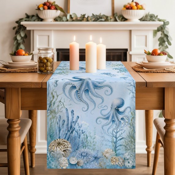 Table Runners 72 Inches Long Dress Scarves, Octopus Coastal Farmhouse Kitchen/Dining Table Decor Table Runner, Coffee Tablerunners, Nautical Seaside Coral Starfish Conch 13x72 Inch