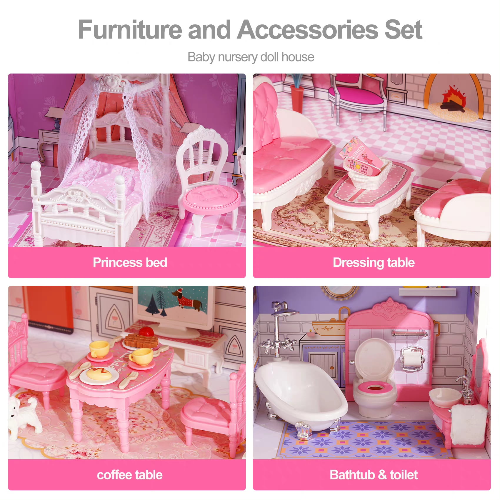 Huluwat Pink Classic Wooden Dollhouse for Toddlers with of