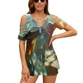 thumbnail image 1 of T-Shirt à Manches Courtes à Volants pour Femmes, Col en V, Imprimé, Décontracté, Mat Abstrait Clair, 1 of 4
