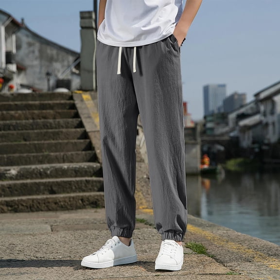 CQONEPT Big and Tall Crop Pants with Pocket for Mens Casual Elastic Waist Pant Drawstring Loose Fit Trousers Dark Gray 5XL