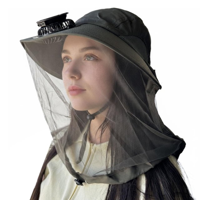 Full Coverage Sun Hat With Mosquito Net & Cooling Fan UPF50 UV Protection Wide Brim Shoulder