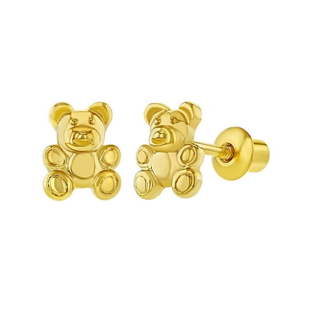 18k Gold Plated Little Teddy Bear Screw Back Earrings for Toddlers Little