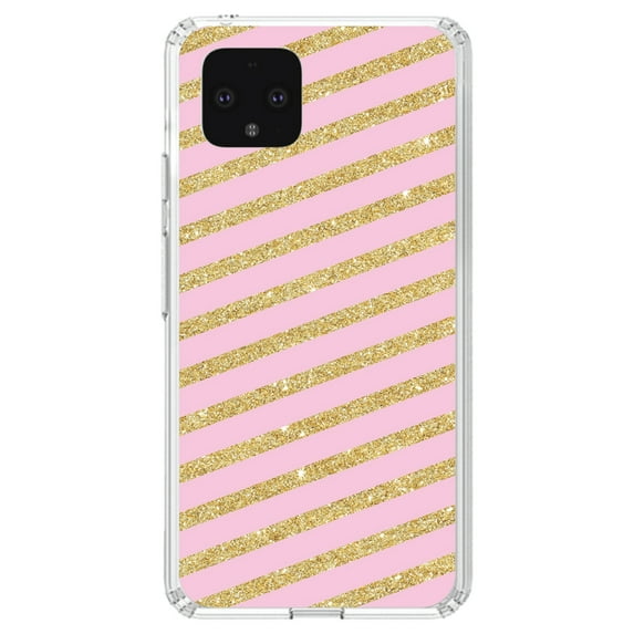 DistinctInk Clear Shockproof Hybrid Case for Google Pixel 4 XL (6.3" Screen) - TPU Bumper, Acrylic Back, Tempered Glass Screen Protector - Pink & Gold Print - Diagonal Stripes Pattern