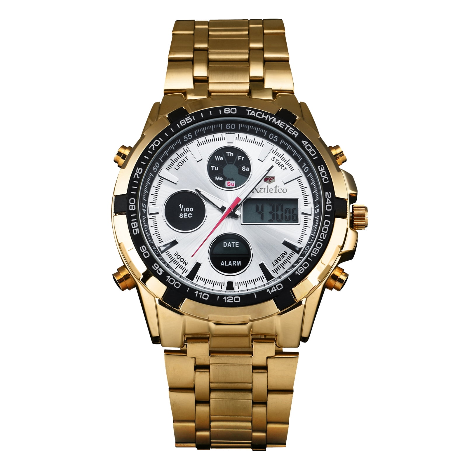 White Dial Mens Quartz Digital Dual Core Watch Luxury Gold Stainless Steel