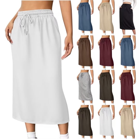 Bovxnpu Women Skirt Women's Sweat Skirt Midi Skirt Drawstring High Waist Sweat Skirts with Pockets Beach Vacation Summer Outfits
