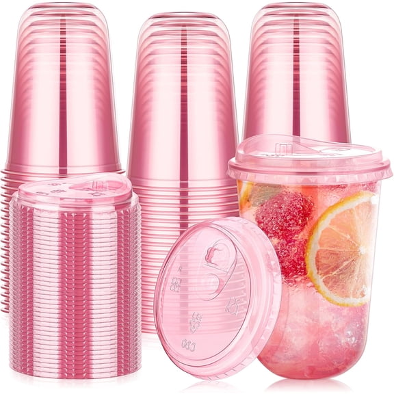 50 Pack 16 oz Pink Plastic Party Cups with Sip Lids, Disposable Iced Coffee Cup with Lid, Round Bottom Stemless Glasses Drinking Cups for Valentine's Galentine's Bachelorette Party Holiday