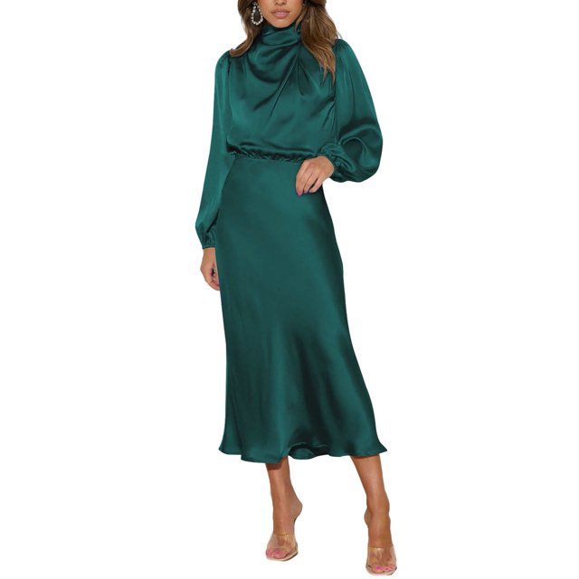 Vestido Lohuatrd para mujer, cuello medio alto, satén, manga larga, color liso, mangas abullonadas, cintura ajustada, vestido de noche, boda, cóctel, fiesta, midi.