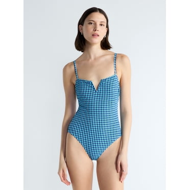 Free Assembly Women's and Women's Plus V Wire Seersucker One Piece Swimsuit, Sizes XS-3X