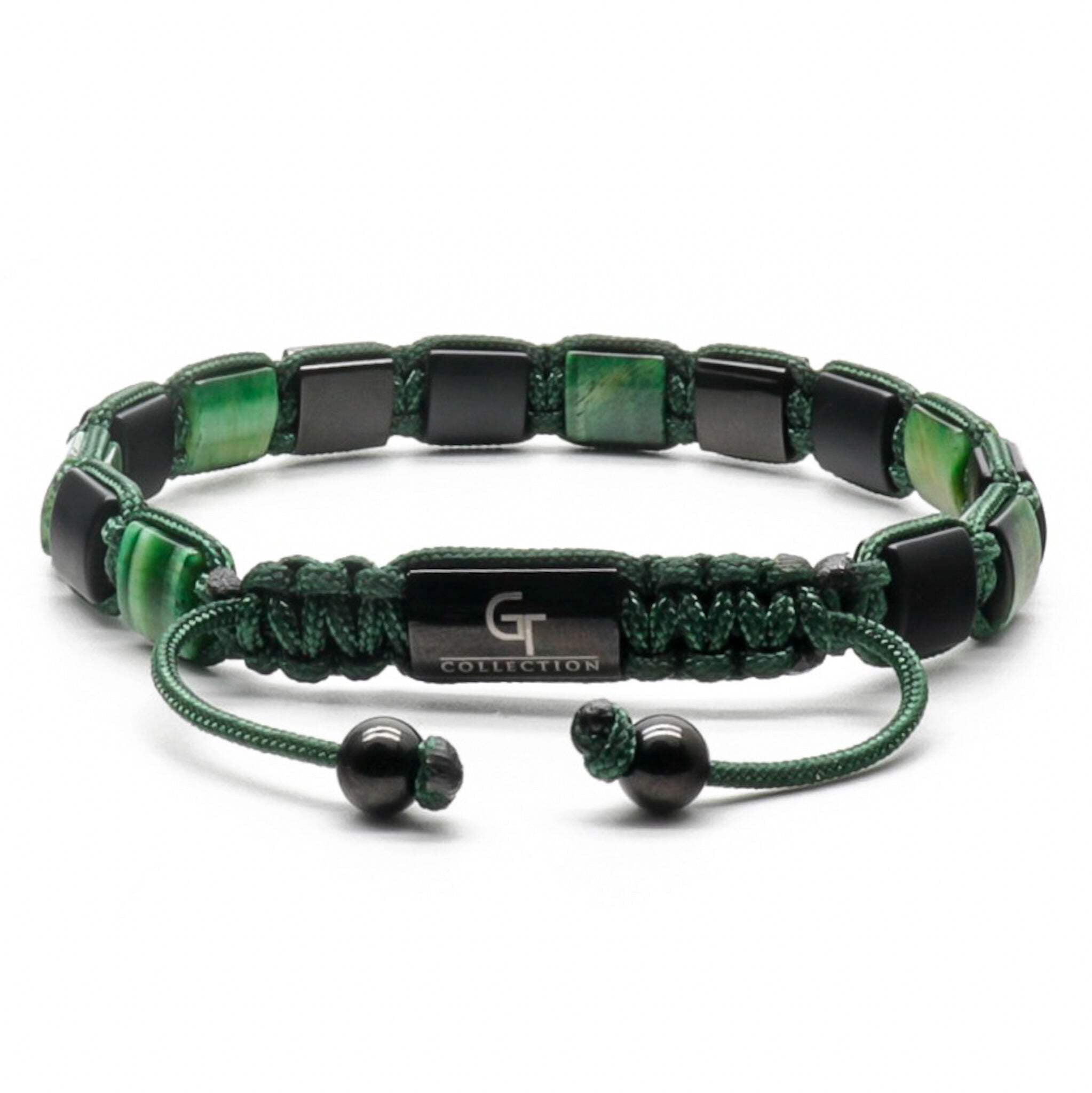 Men's GREEN TIGER EYE, BLACK ONYX Flat Bead Bracelet | Gift for Men | One Size Fits All | 100% Natural | Gemstone Adjustable Bracelet
