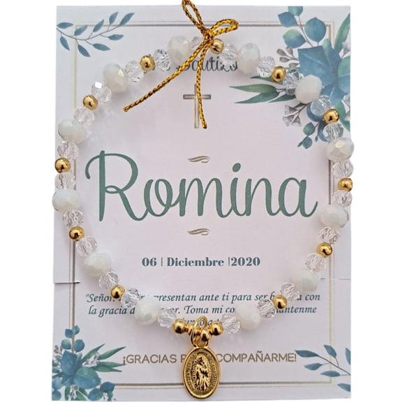Pulsera Cristal Blanco Y Dije de Cruz Chapa de Oro Recuerdo Con Tarjeta Personalizada Para Bautizo, Primera Comunión, Confirmación, Boda, xv Años,etc.Paquete 10 Piezas