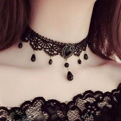AkoaDa Vintage Black Lace Choker Necklace Crystal Pendant Clavicle Chain Women Jewelry Gift