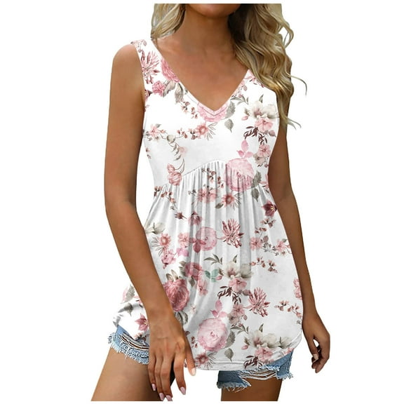 Gifts Usmixi Womens Tank Tops Beach High Waist Pleated Hem Ladies Fashion Tunic Shirts Summer Trendy Floral Print V-Neck Sleeveless Shirts Blouse Pink l