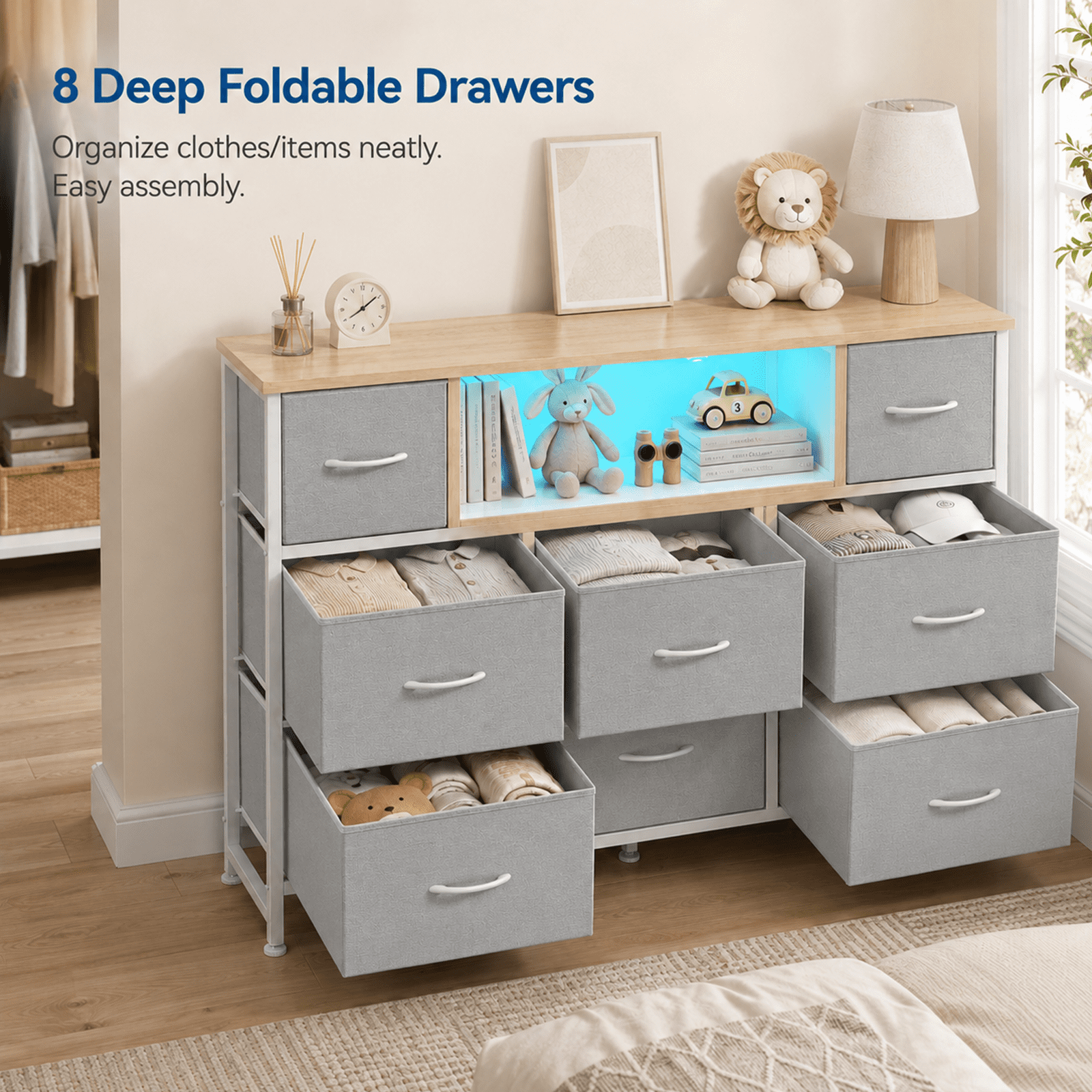 Alvantor Dresser TV Stand for 45, 50, 55 inch TV, Entertainment Center with LED Lights & Charging Station, Chest of Drawers with 8 Fabric Drawers and Open Shelves for Living Room, Hallway, Wood Top