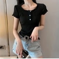 thumbnail image 3 of Womens Short Sleeve Henley Shirts Ribbed Slim Fitted Tee Summer Work Tops Button Blouse Spring Clothes, 3 of 4