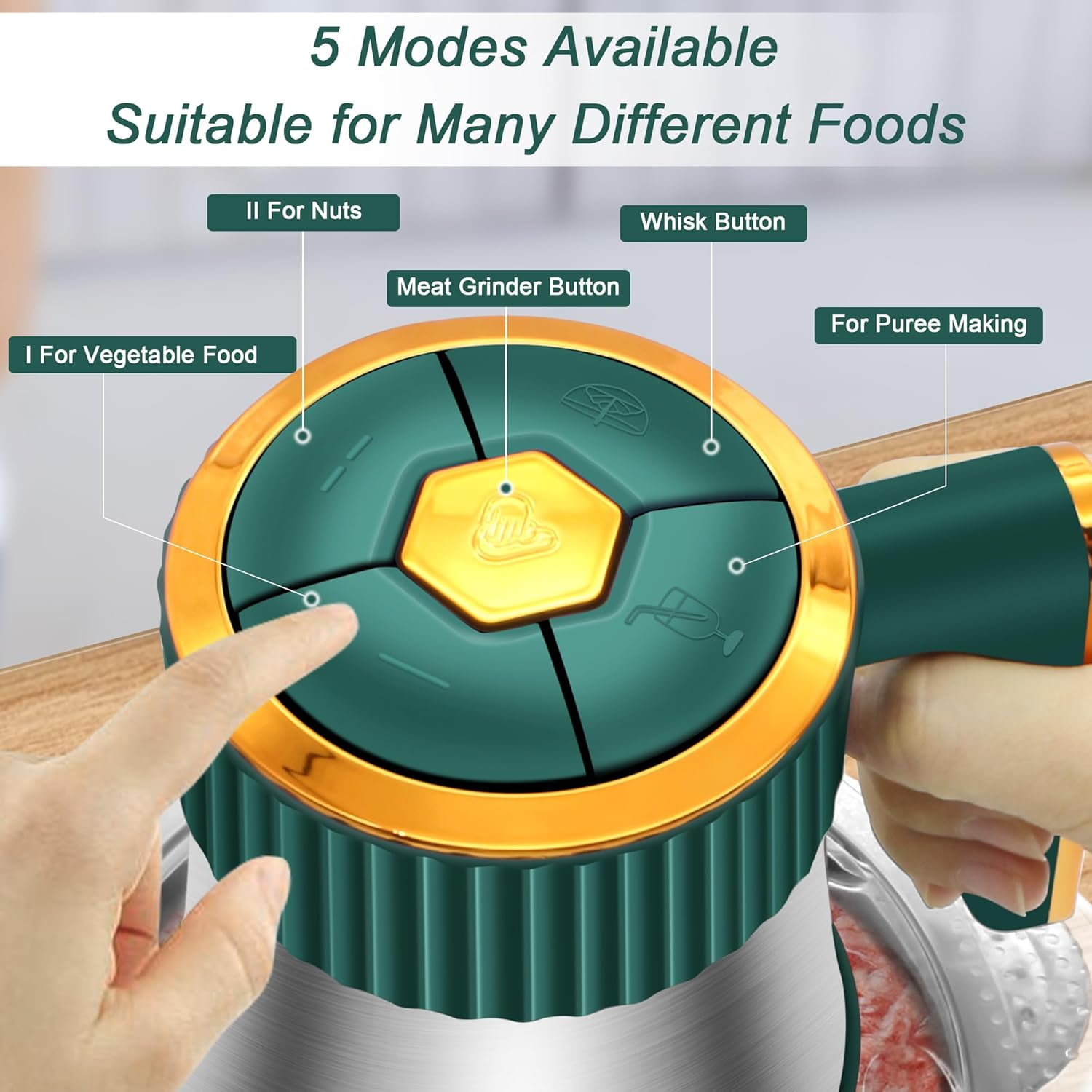 Food Processor, Meat Grinder with 2 Bowls (8 Cup+8 Cup), 5 Speed Modes Electric Food Chopper with 2 Sets Stainless Steel Blades, Kitchen Mincer for Meats Vegetables Fruits Baby Food, 300W (Green)