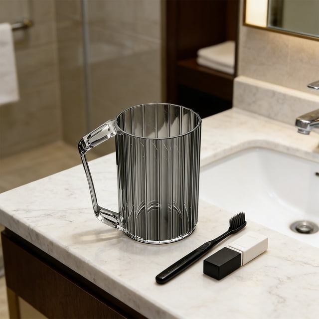 Plastic Toothbrush Cup - Scandinavian Bathroom Vanity Accessory, Tall Ridged Texture, Wide-Mouthed Design with Integrated Handle, Gray, JKODE