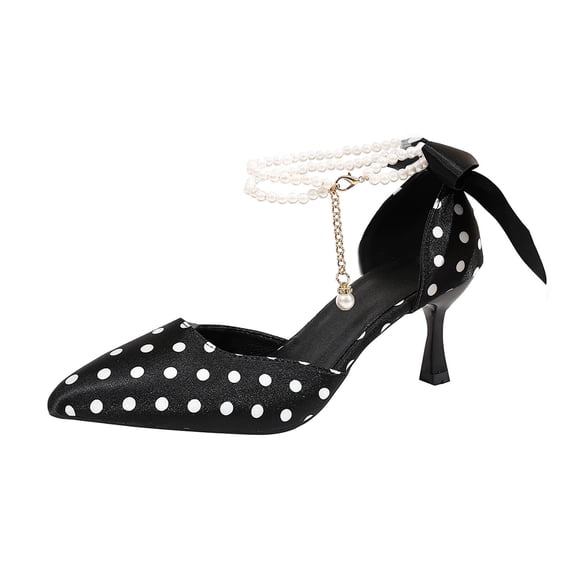 hoksml Women's Polka Dot Pearl Ankle Strap Heels, Bow Kitten Heel Pumps for Party and Daily Wear