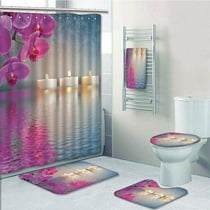 PRTAU Zen Japanese Candle Relaxing Environment Cherry Blossoms Asian Inspirations 5 Piece Bathroom Set Shower Curtain Bath Towel Bath Rug Contour Mat and Toilet Lid Cover