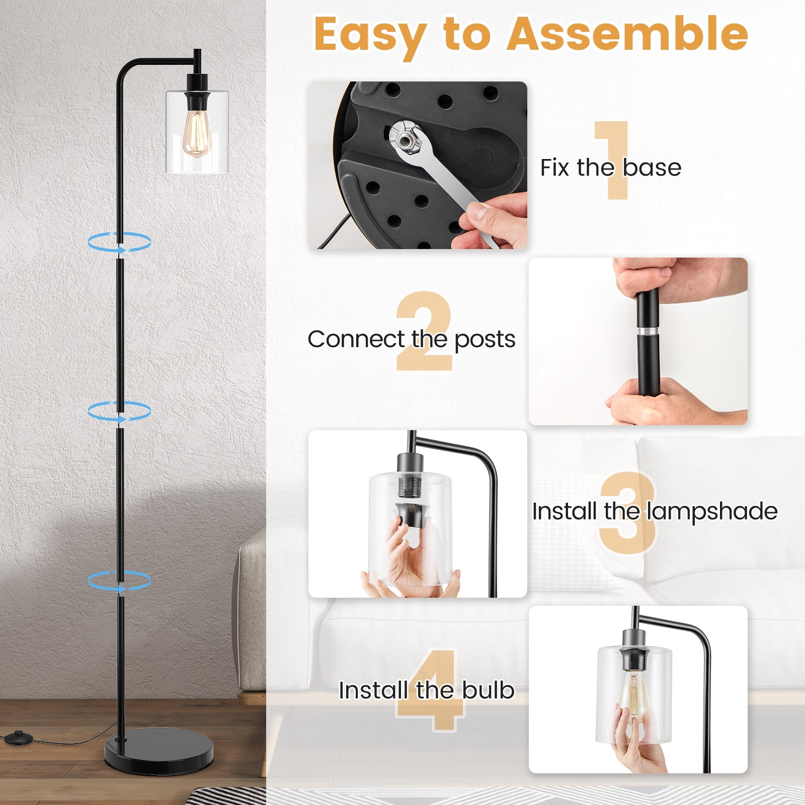Giantex Industrial Standing Floor Lamp, Modern Reading Lamp w/Clear Glass Lampshade & Foot Switch, Tall Pole Lamp, Black