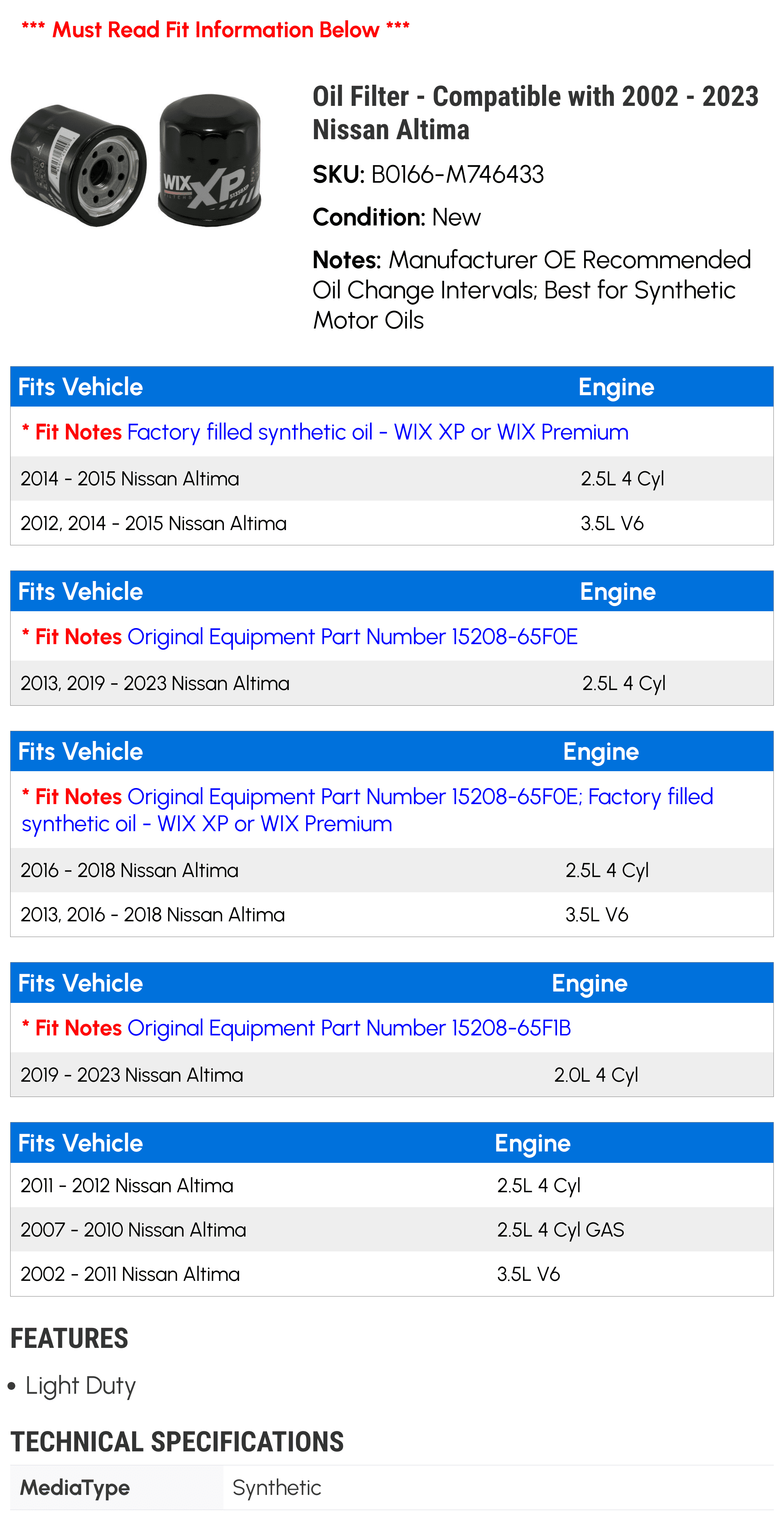 Oil Filter - Compatible with 2002 - 2023 Nissan Altima 2003 2004 2005 2006 2007 2008 2009 2010 2011 2012 2013 2014 2015 2016 2017 2018 2019 2020 2021 2022