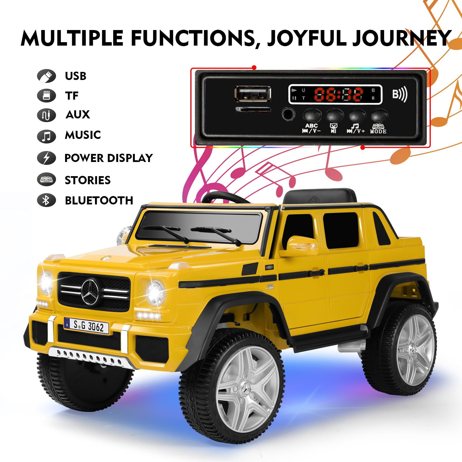 12V Battery Powered Kids Ride on Car Mercedes-Benz Electric Toys Truck 3 Speeds,LED Lights,Music with Remote Control(Yellow)
